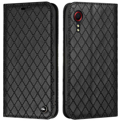 RFID Blocking Protective Cover for Samsung Galaxy Xcover 5, Rhombus Embossing Litchi Texture PU Leather Shell Flip Stand Wallet Phone Case