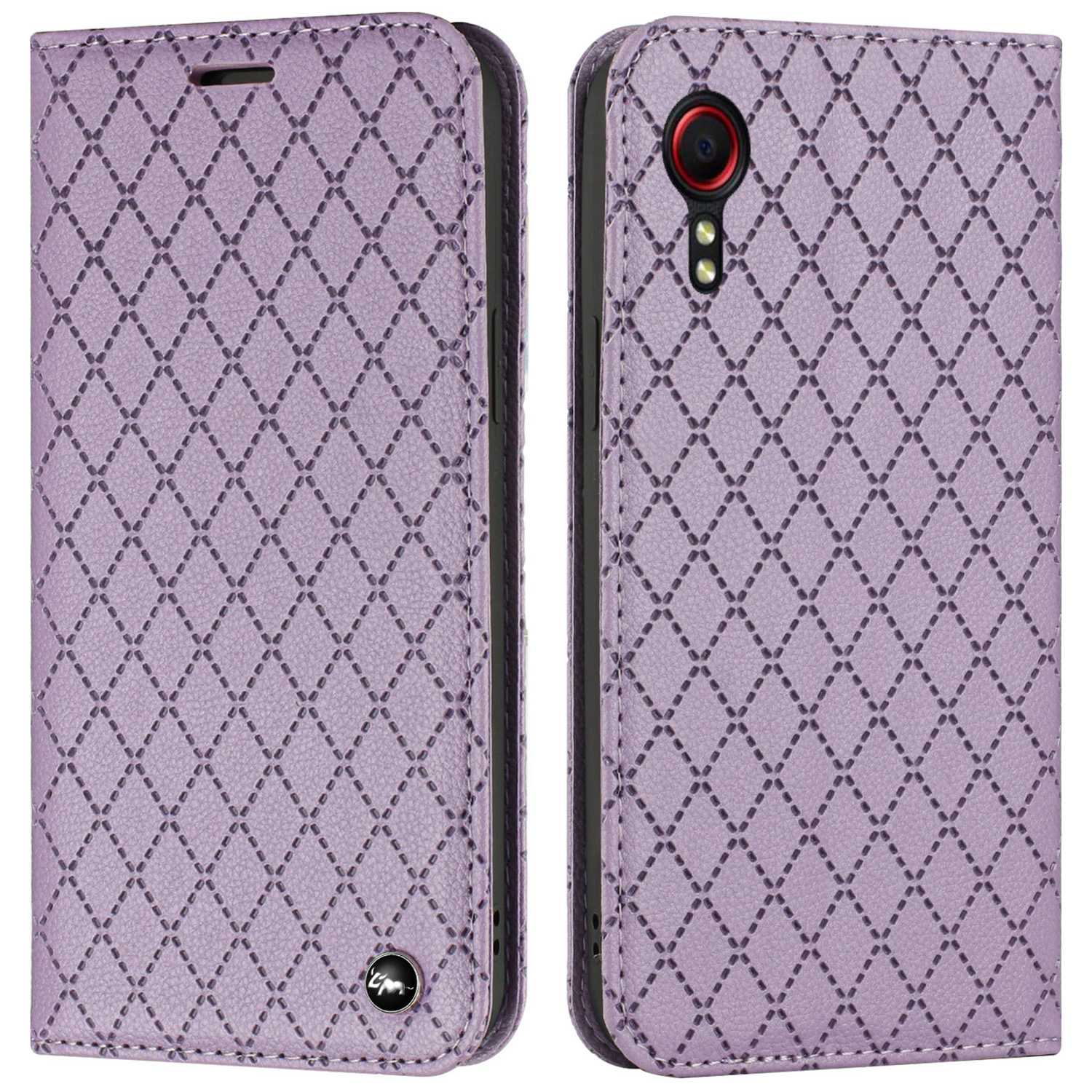 RFID Blocking Protective Cover for Samsung Galaxy Xcover 5, Rhombus Embossing Litchi Texture PU Leather Shell Flip Stand Wallet Phone Case