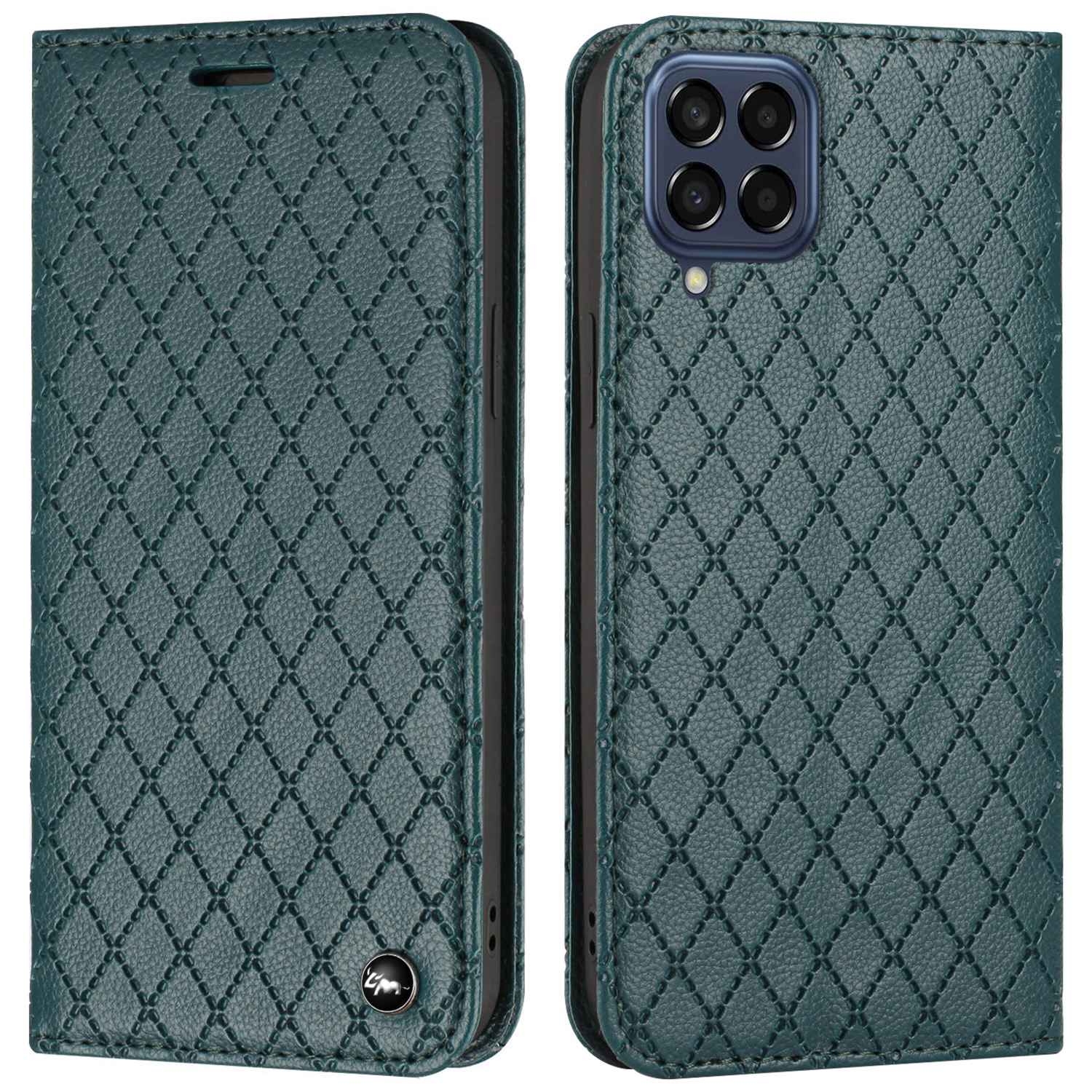 RFID Blocking PU Leather Cover for Samsung Galaxy M53 5G, Litchi Texture Flip Stand Wallet Phone Case Magnetic Adsorption Rhombus Embossing Protective Cover