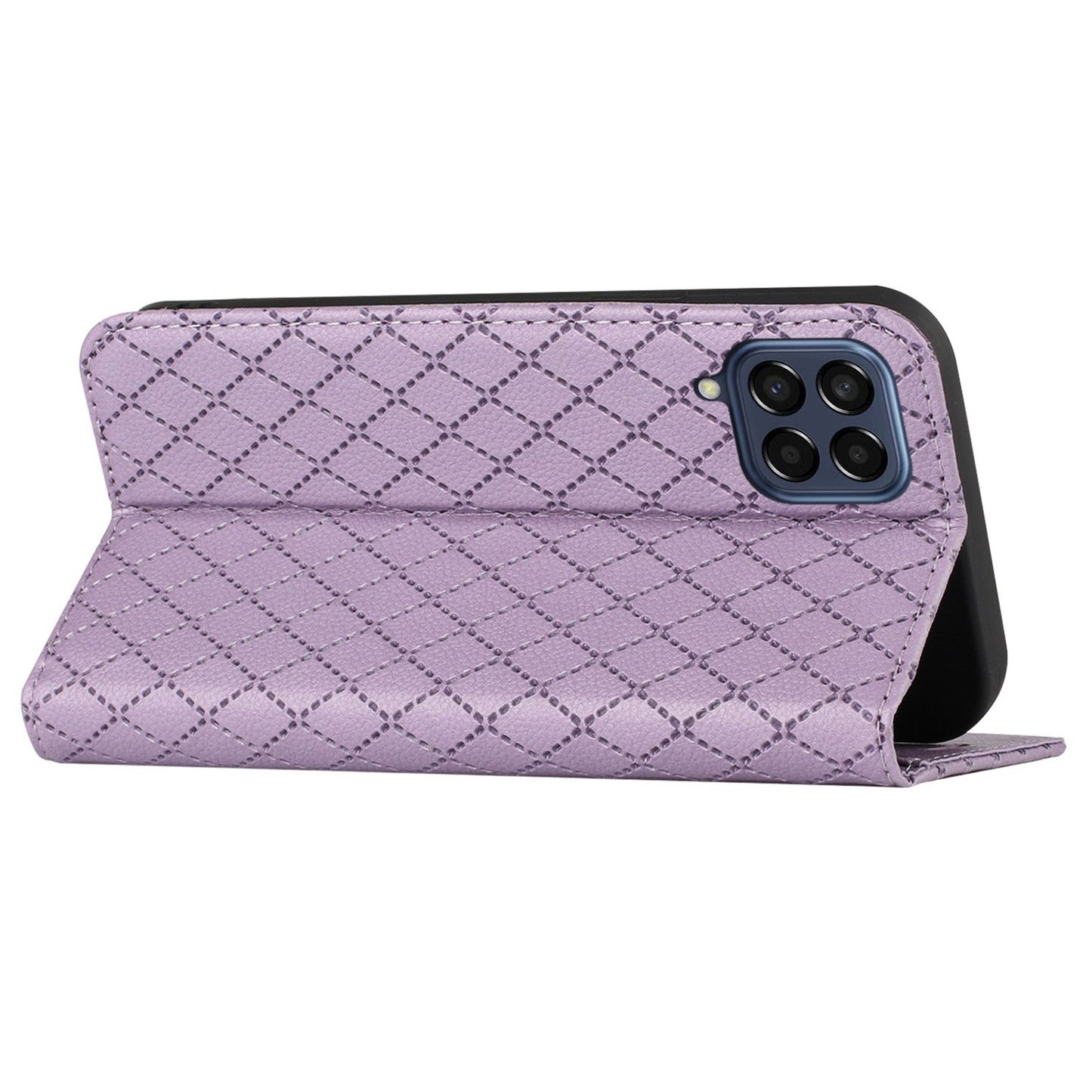 RFID Blocking PU Leather Cover for Samsung Galaxy M53 5G, Litchi Texture Flip Stand Wallet Phone Case Magnetic Adsorption Rhombus Embossing Protective Cover