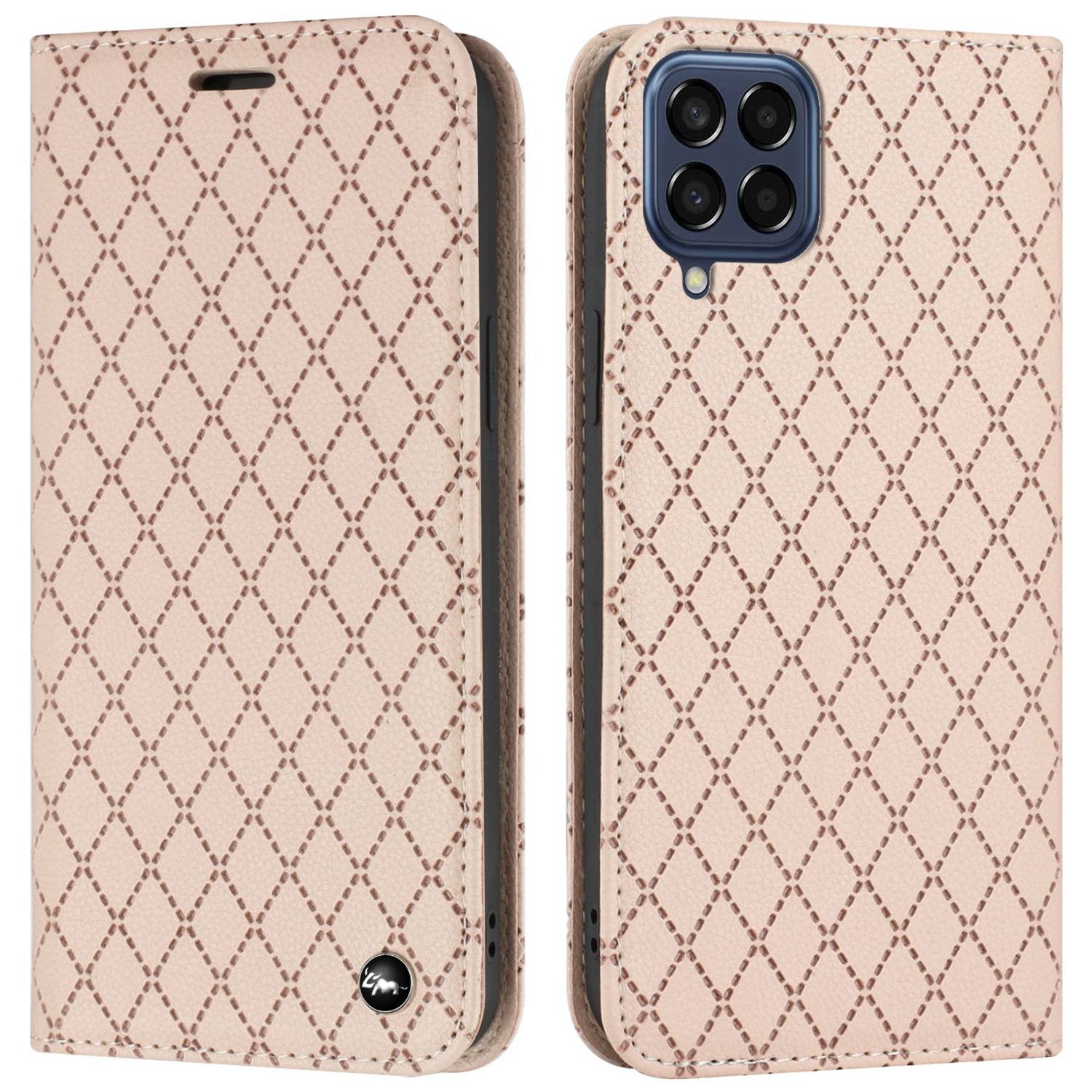 RFID Blocking PU Leather Cover for Samsung Galaxy M53 5G, Litchi Texture Flip Stand Wallet Phone Case Magnetic Adsorption Rhombus Embossing Protective Cover