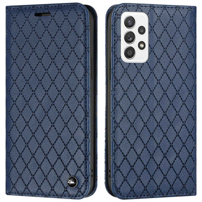 RFID Blocking Phone Case for Samsung Galaxy A73 5G, Magnetic Auto-absorbed Litchi Texture PU Leather Rhombus Embossing Cellphone Cover with Stand Wallet