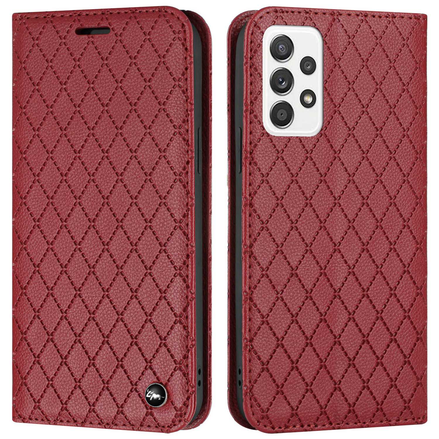 RFID Blocking Phone Case for Samsung Galaxy A73 5G, Magnetic Auto-absorbed Litchi Texture PU Leather Rhombus Embossing Cellphone Cover with Stand Wallet