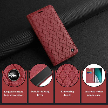 RFID Blocking Phone Case for Samsung Galaxy A73 5G, Magnetic Auto-absorbed Litchi Texture PU Leather Rhombus Embossing Cellphone Cover with Stand Wallet