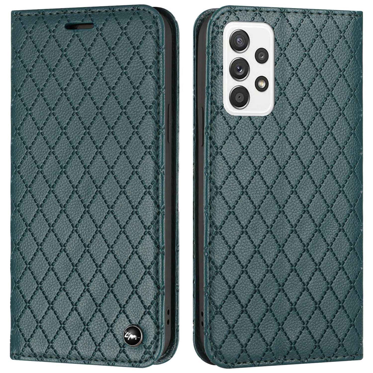 RFID Blocking Phone Case for Samsung Galaxy A73 5G, Magnetic Auto-absorbed Litchi Texture PU Leather Rhombus Embossing Cellphone Cover with Stand Wallet