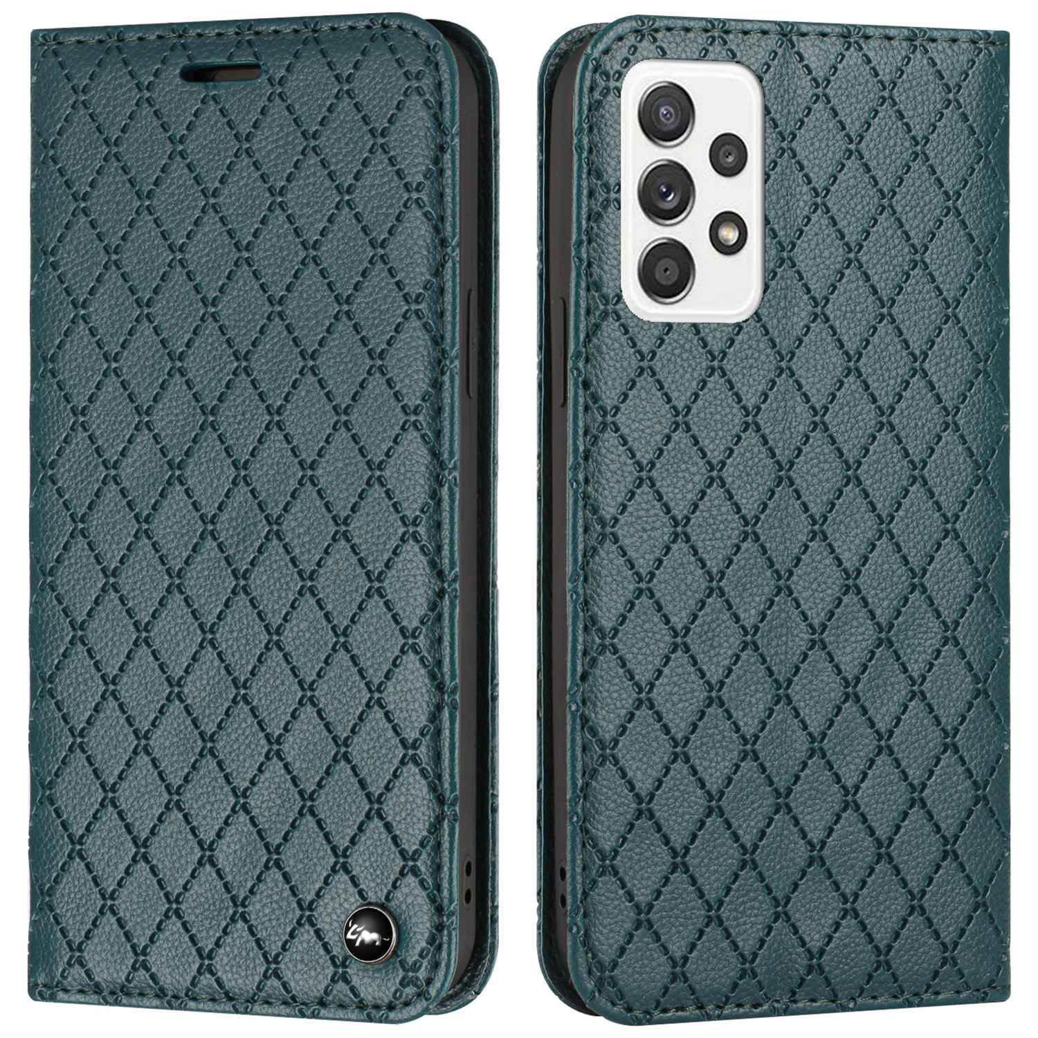 RFID Blocking Phone Case for Samsung Galaxy A73 5G, Magnetic Auto-absorbed Litchi Texture PU Leather Rhombus Embossing Cellphone Cover with Stand Wallet