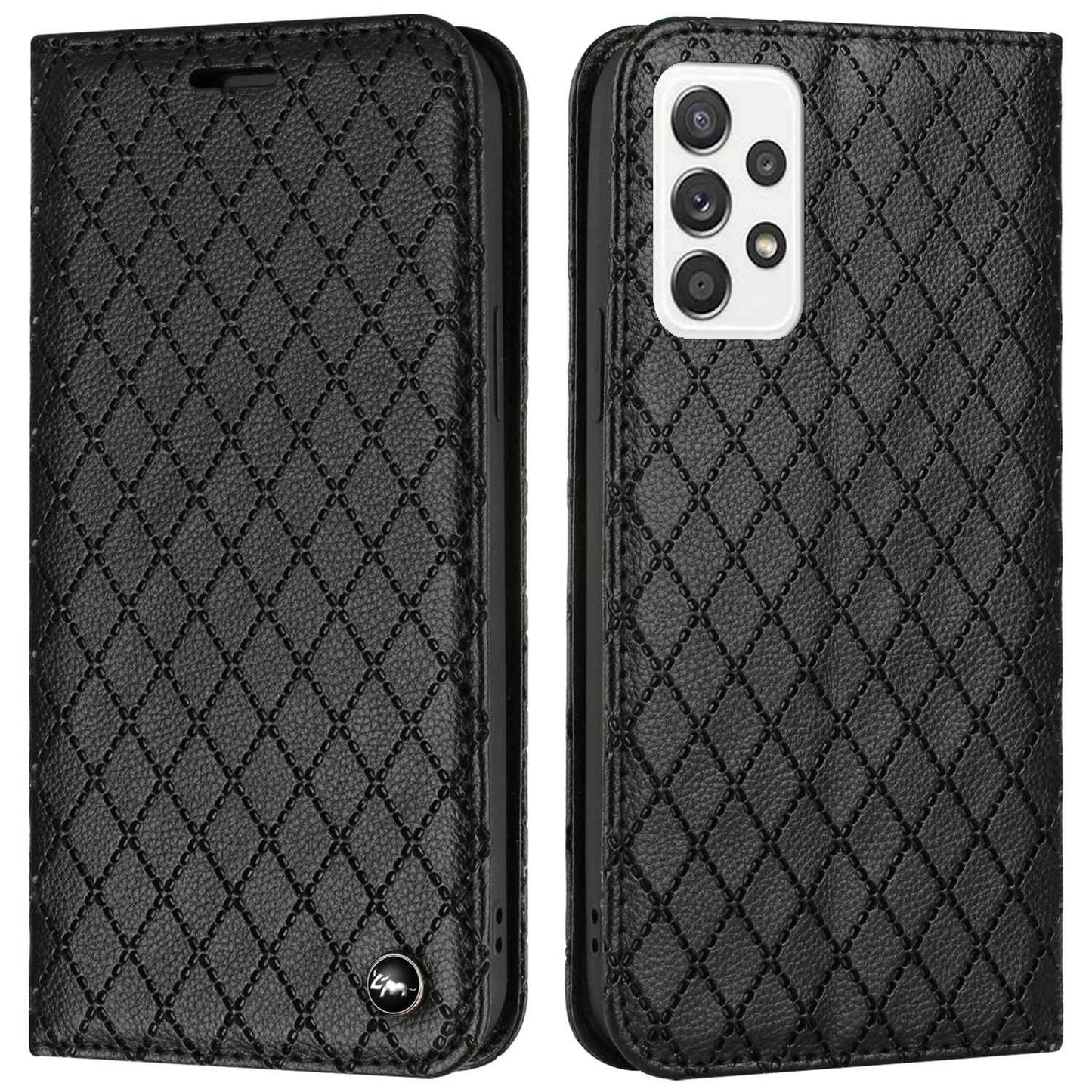 RFID Blocking Phone Case for Samsung Galaxy A73 5G, Magnetic Auto-absorbed Litchi Texture PU Leather Rhombus Embossing Cellphone Cover with Stand Wallet