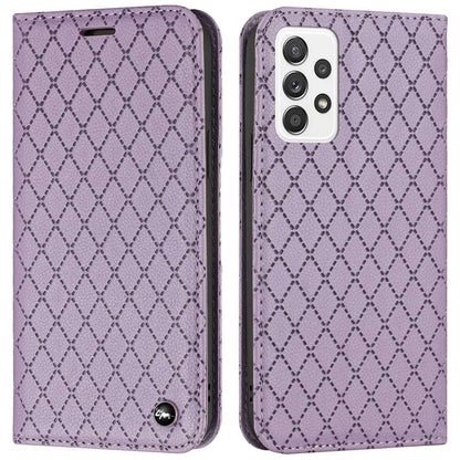 RFID Blocking Phone Case for Samsung Galaxy A73 5G, Magnetic Auto-absorbed Litchi Texture PU Leather Rhombus Embossing Cellphone Cover with Stand Wallet
