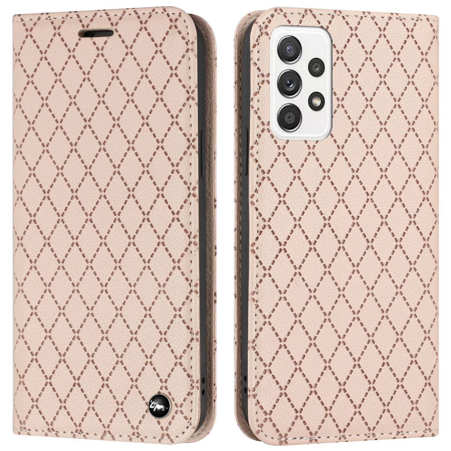 RFID Blocking Phone Case for Samsung Galaxy A73 5G, Magnetic Auto-absorbed Litchi Texture PU Leather Rhombus Embossing Cellphone Cover with Stand Wallet