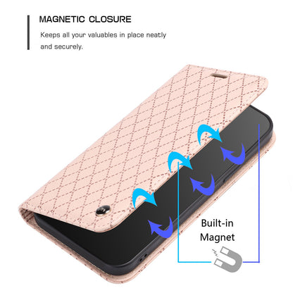 RFID Blocking Phone Case for Samsung Galaxy A73 5G, Magnetic Auto-absorbed Litchi Texture PU Leather Rhombus Embossing Cellphone Cover with Stand Wallet