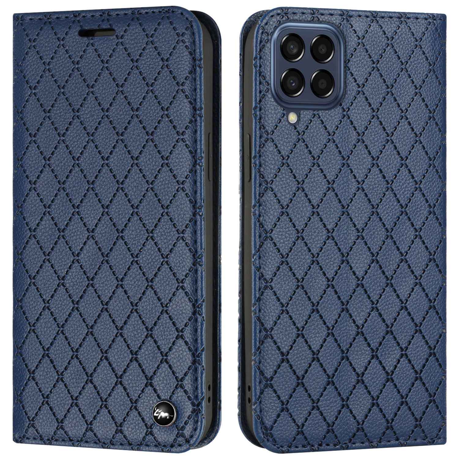 RFID Blocking Phone Protective Case for Samsung Galaxy M33 5G (Global Version), Rhombus Embossing Magnetic Auto-closing Litchi Texture PU Leather Stand Wallet Cover