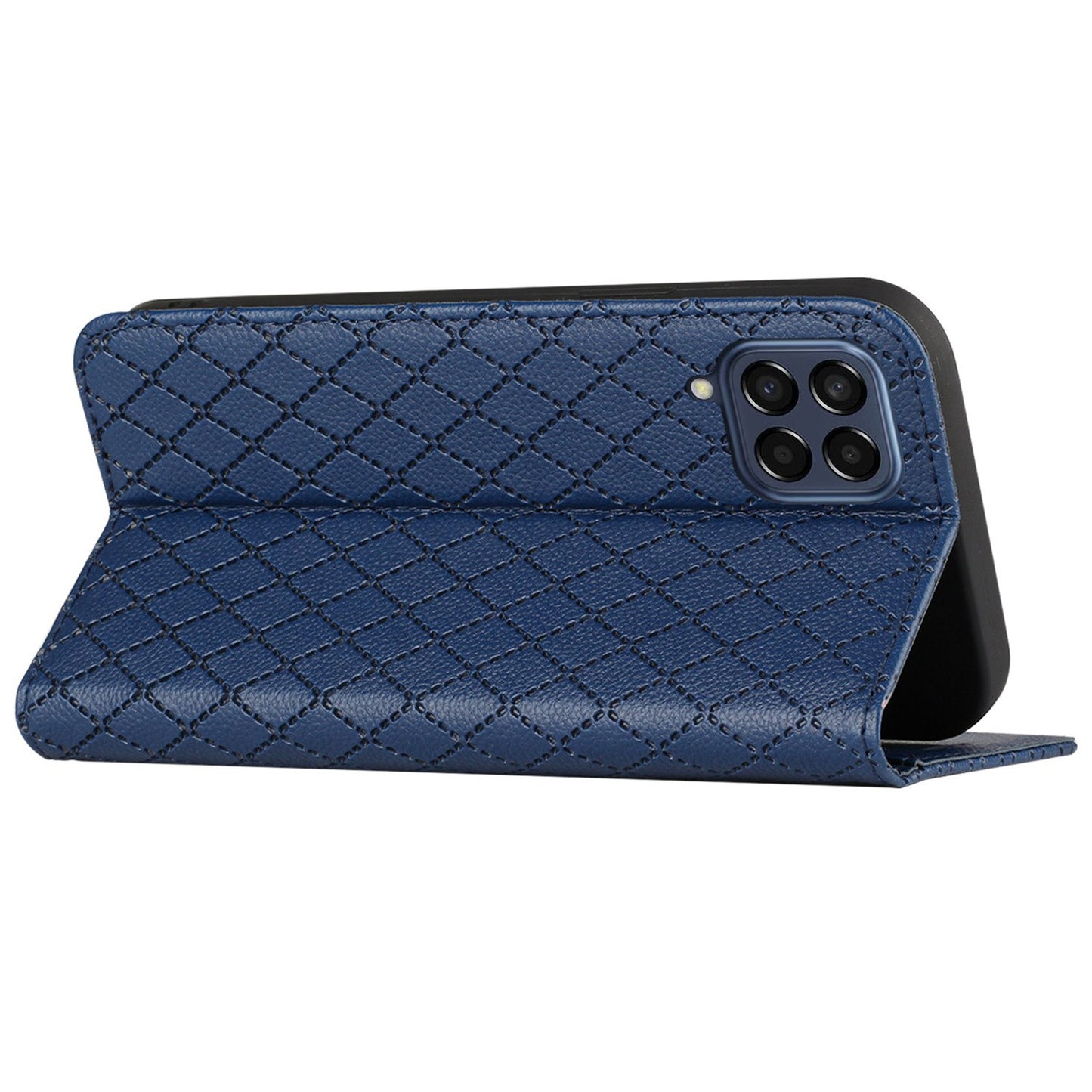 RFID Blocking Phone Protective Case for Samsung Galaxy M33 5G (Global Version), Rhombus Embossing Magnetic Auto-closing Litchi Texture PU Leather Stand Wallet Cover