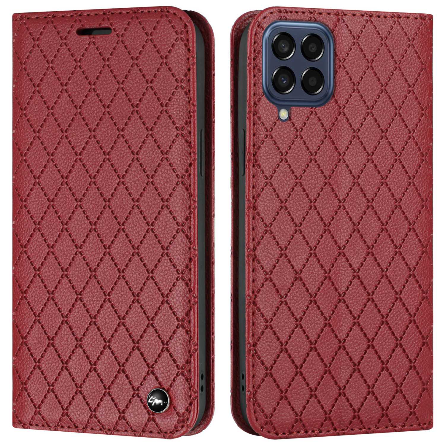 RFID Blocking Phone Protective Case for Samsung Galaxy M33 5G (Global Version), Rhombus Embossing Magnetic Auto-closing Litchi Texture PU Leather Stand Wallet Cover
