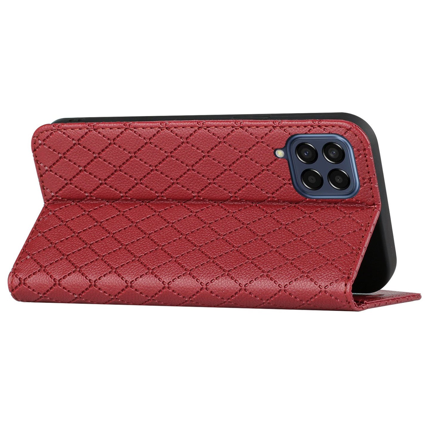 RFID Blocking Phone Protective Case for Samsung Galaxy M33 5G (Global Version), Rhombus Embossing Magnetic Auto-closing Litchi Texture PU Leather Stand Wallet Cover