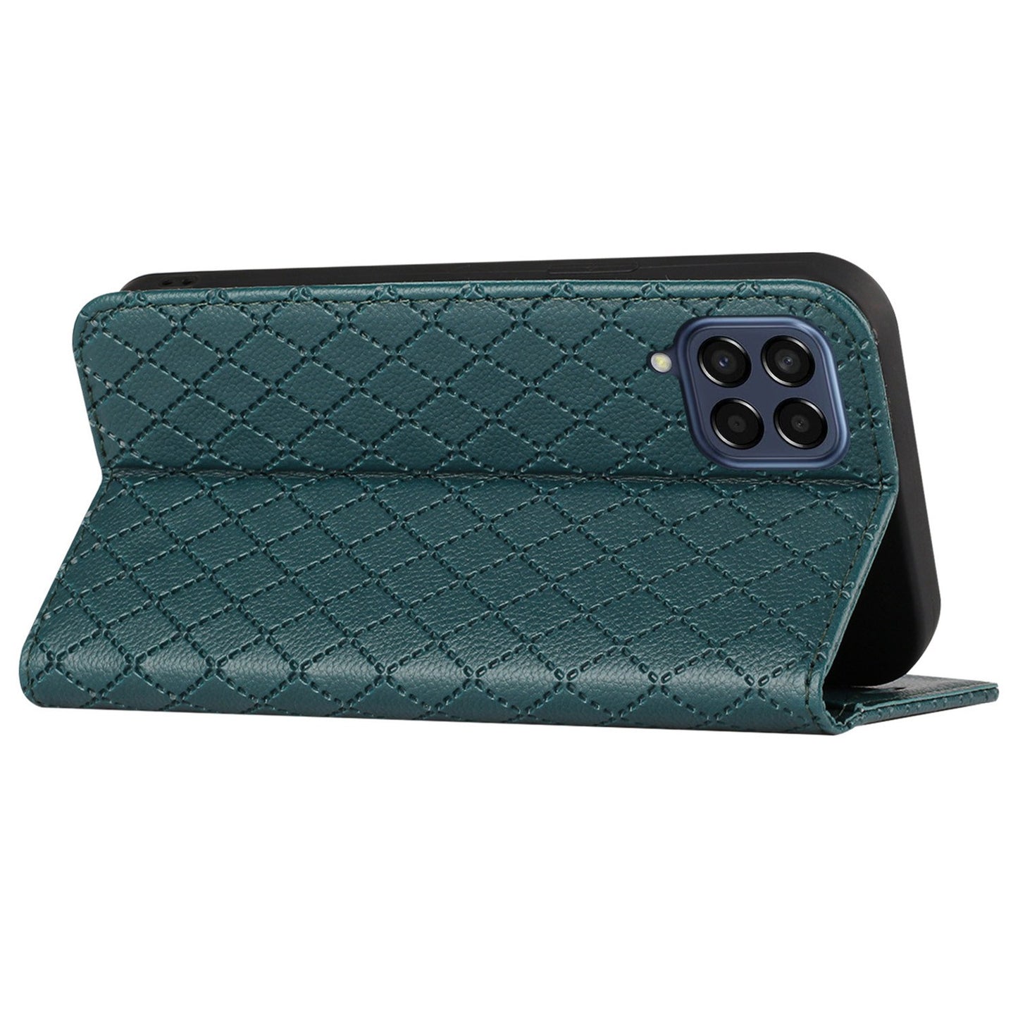 RFID Blocking Phone Protective Case for Samsung Galaxy M33 5G (Global Version), Rhombus Embossing Magnetic Auto-closing Litchi Texture PU Leather Stand Wallet Cover