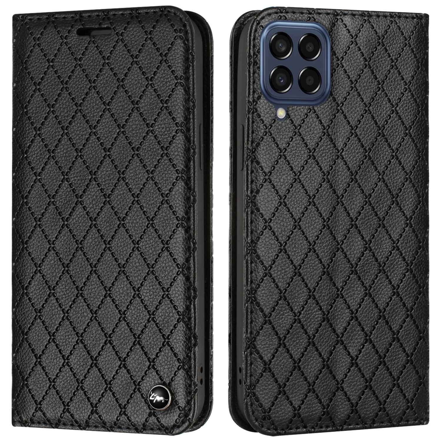 RFID Blocking Phone Protective Case for Samsung Galaxy M33 5G (Global Version), Rhombus Embossing Magnetic Auto-closing Litchi Texture PU Leather Stand Wallet Cover