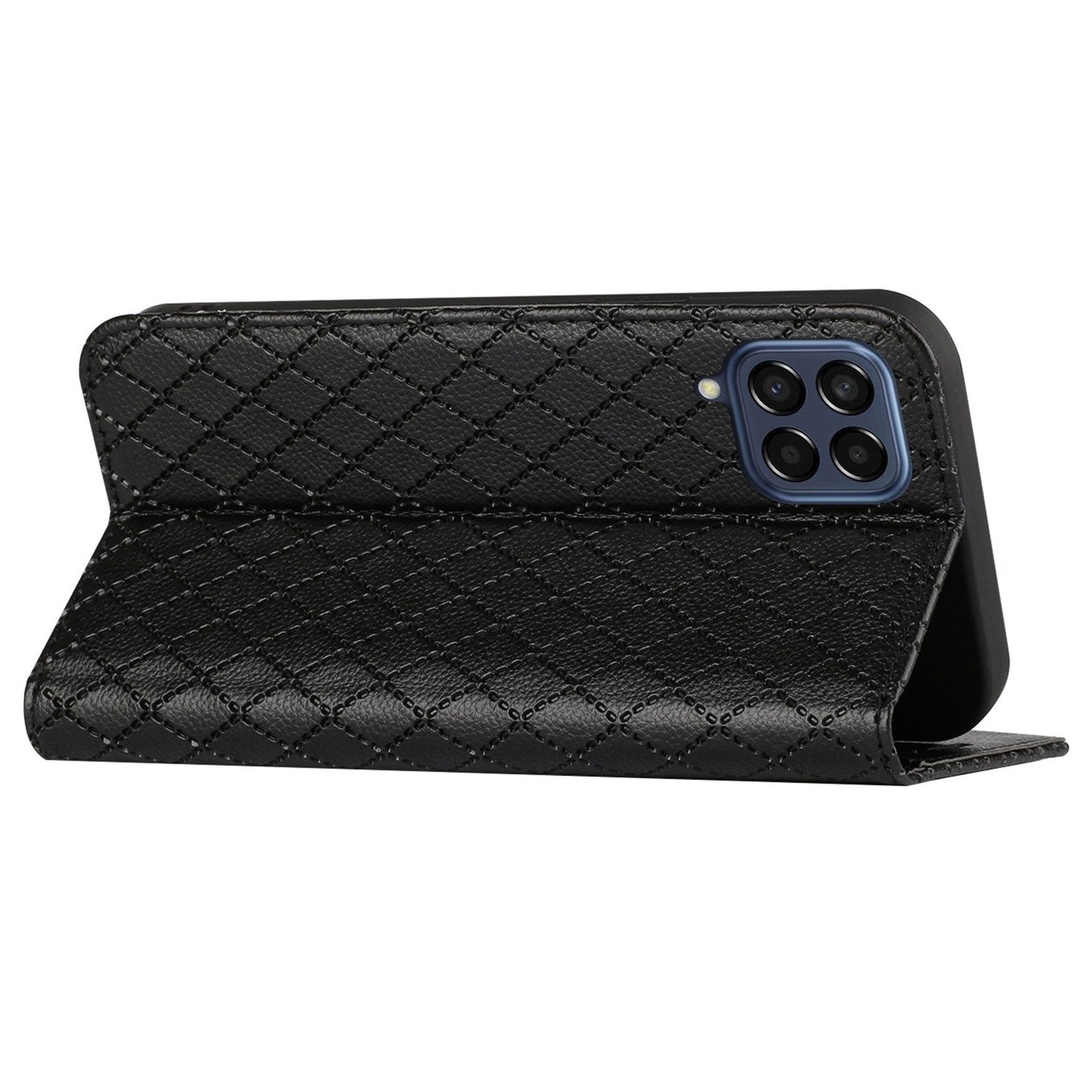 RFID Blocking Phone Protective Case for Samsung Galaxy M33 5G (Global Version), Rhombus Embossing Magnetic Auto-closing Litchi Texture PU Leather Stand Wallet Cover