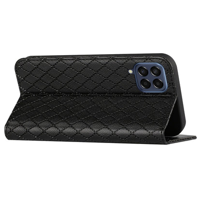 RFID Blocking Phone Protective Case for Samsung Galaxy M33 5G (Global Version), Rhombus Embossing Magnetic Auto-closing Litchi Texture PU Leather Stand Wallet Cover