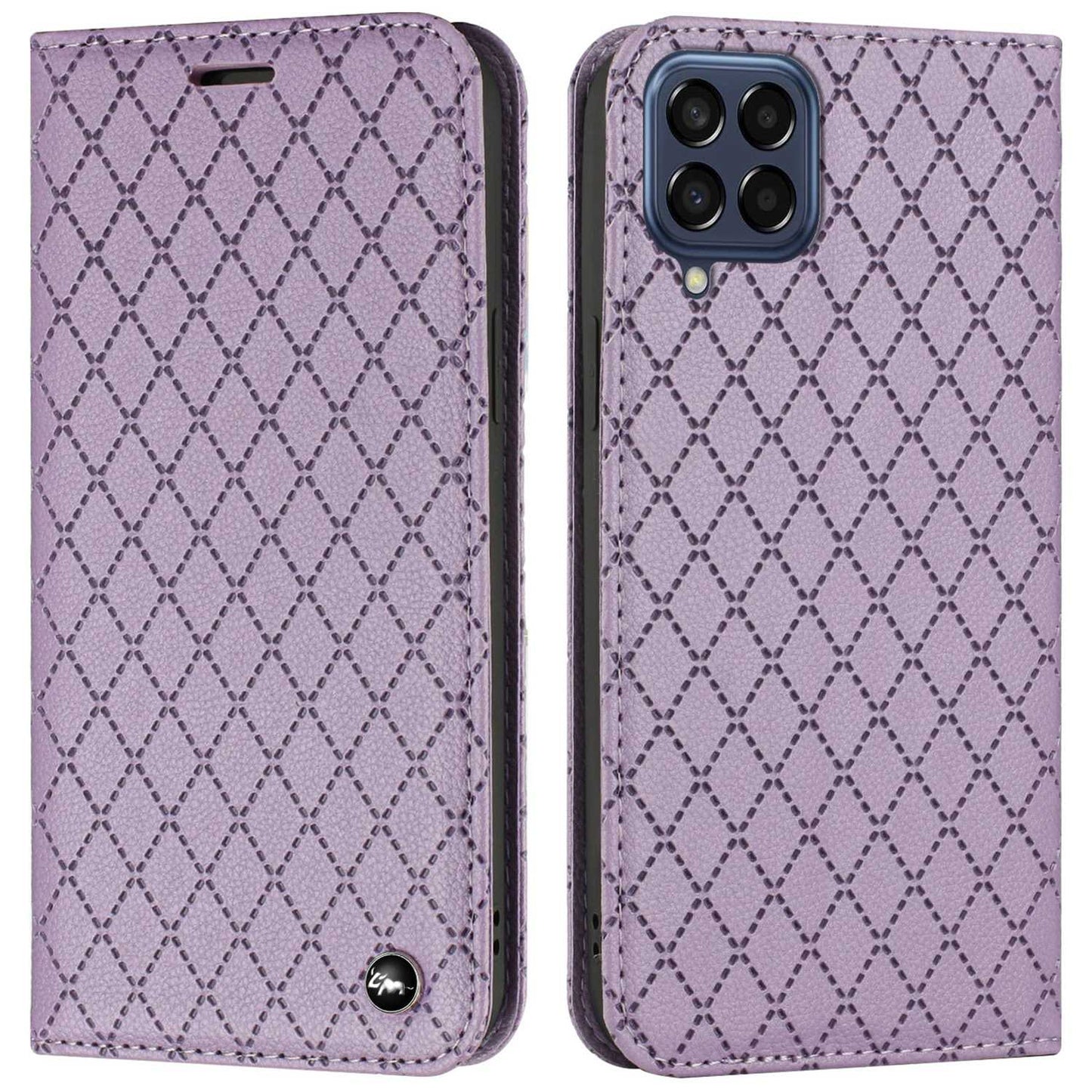 RFID Blocking Phone Protective Case for Samsung Galaxy M33 5G (Global Version), Rhombus Embossing Magnetic Auto-closing Litchi Texture PU Leather Stand Wallet Cover