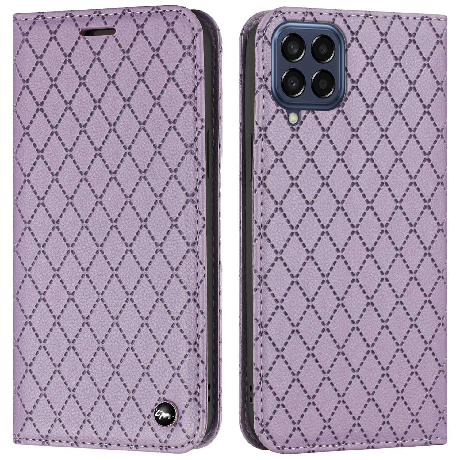 RFID Blocking Phone Protective Case for Samsung Galaxy M33 5G (Global Version), Rhombus Embossing Magnetic Auto-closing Litchi Texture PU Leather Stand Wallet Cover