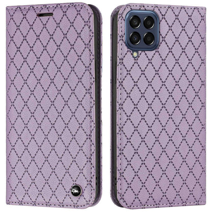 RFID Blocking Phone Protective Case for Samsung Galaxy M33 5G (Global Version), Rhombus Embossing Magnetic Auto-closing Litchi Texture PU Leather Stand Wallet Cover