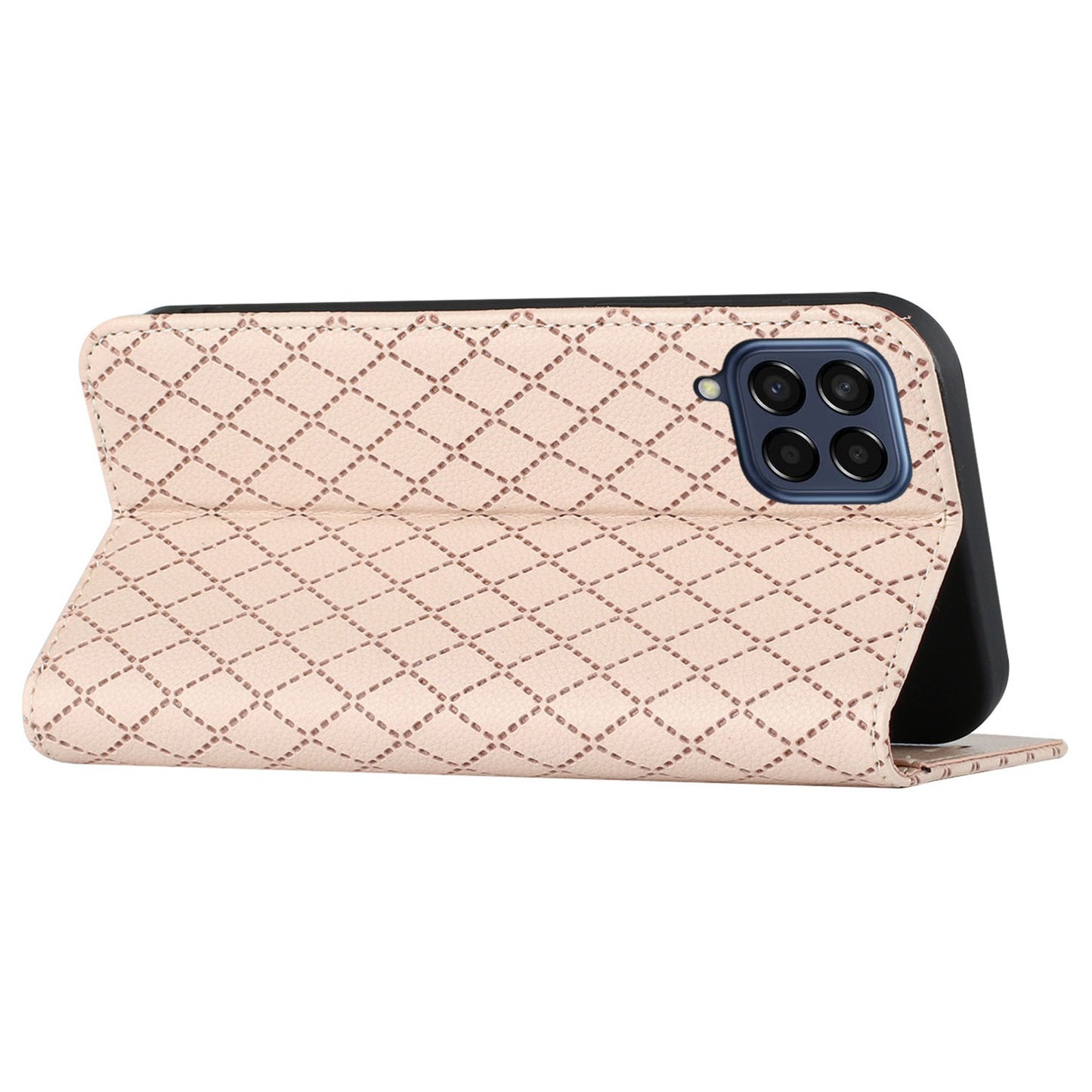 RFID Blocking Phone Protective Case for Samsung Galaxy M33 5G (Global Version), Rhombus Embossing Magnetic Auto-closing Litchi Texture PU Leather Stand Wallet Cover