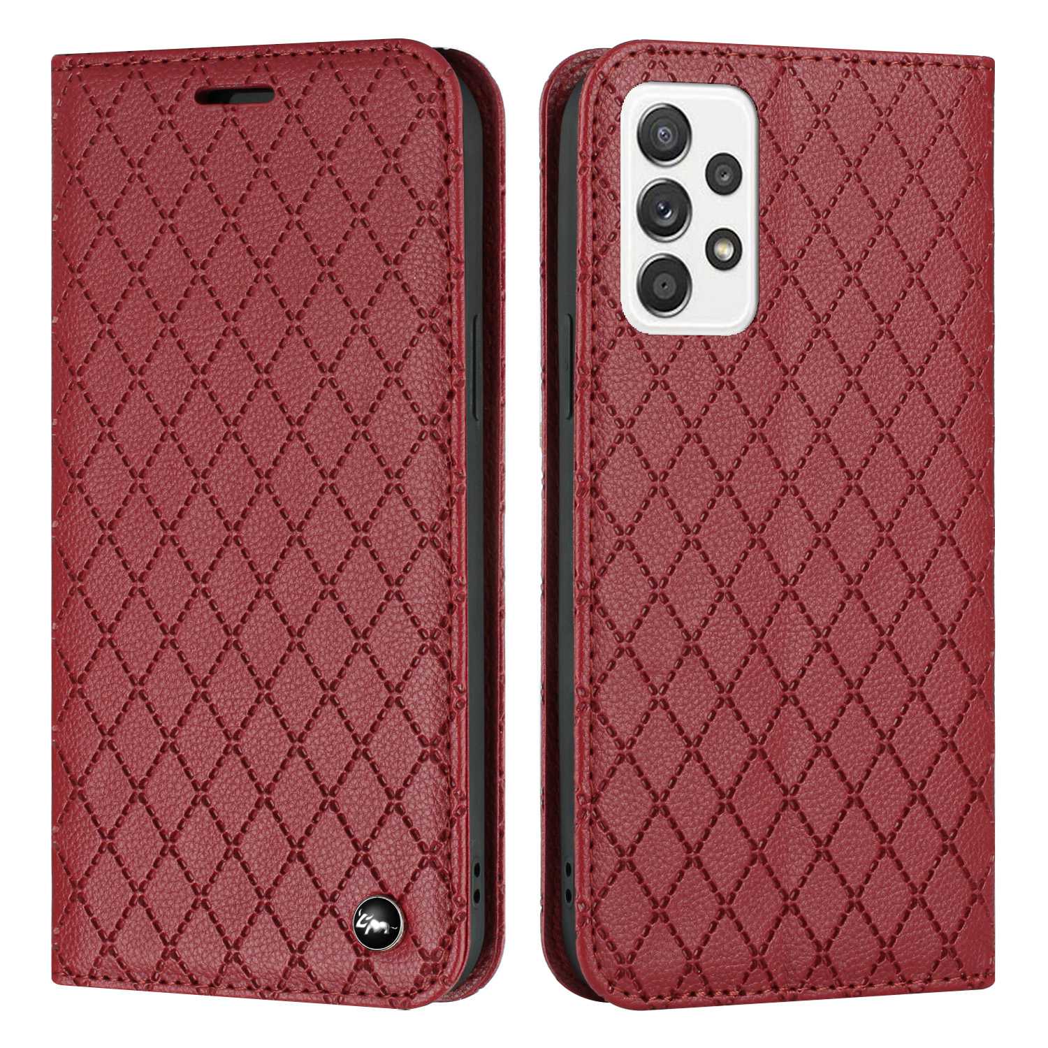 For Samsung Galaxy A52 4G / 5G / A52s 5G RFID Blocking Phone Case, Magnetic Auto-absorbed Litchi Texture PU Leather Bump Proof Rhombus Embossment Cellphone Cover with Stand Wallet