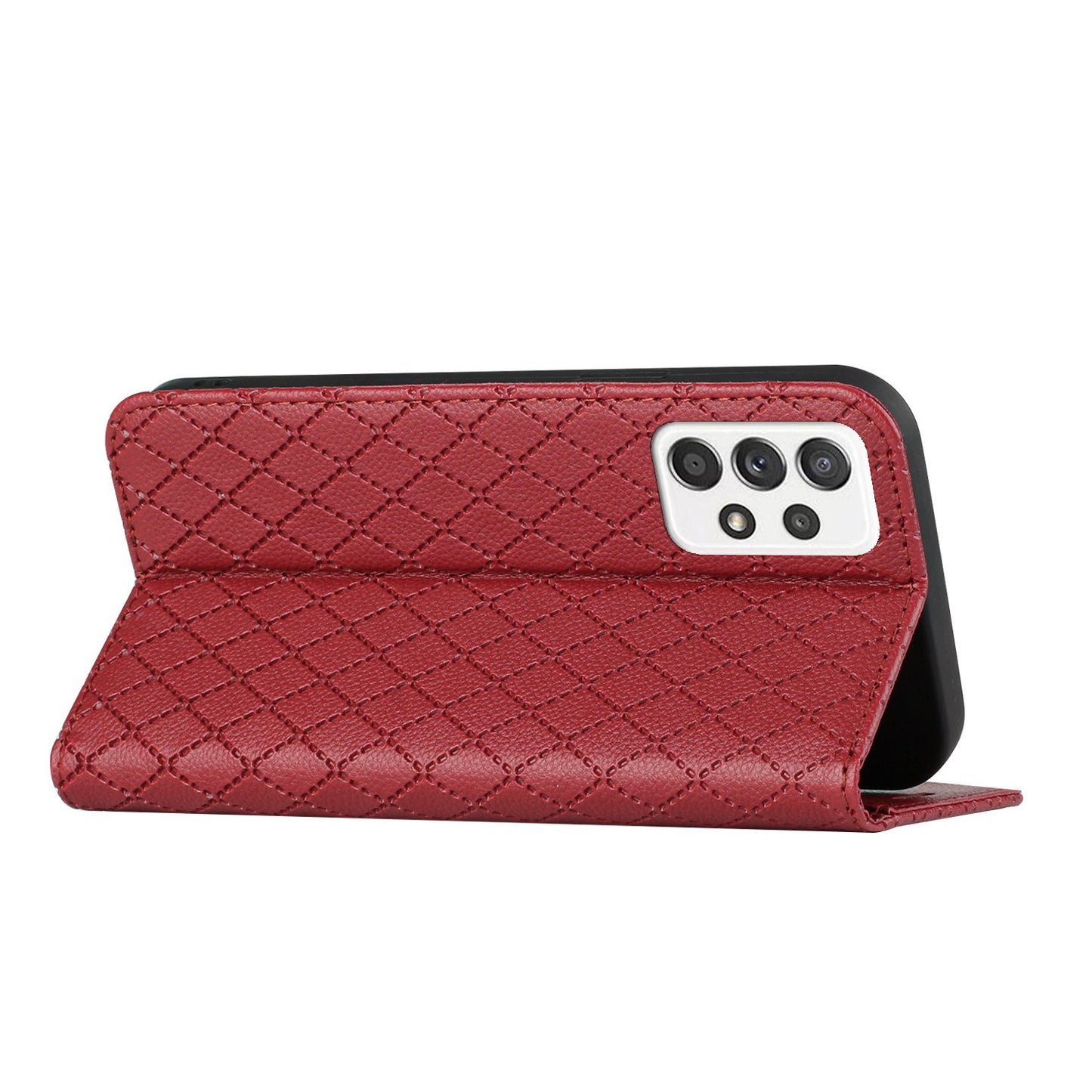 For Samsung Galaxy A52 4G / 5G / A52s 5G RFID Blocking Phone Case, Magnetic Auto-absorbed Litchi Texture PU Leather Bump Proof Rhombus Embossment Cellphone Cover with Stand Wallet