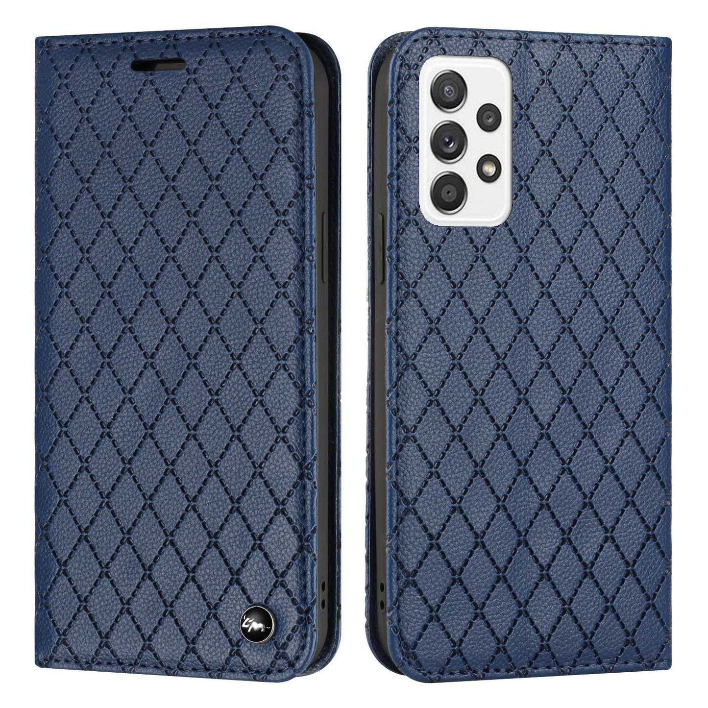 For Samsung Galaxy A52 4G / 5G / A52s 5G RFID Blocking Phone Case, Magnetic Auto-absorbed Litchi Texture PU Leather Bump Proof Rhombus Embossment Cellphone Cover with Stand Wallet
