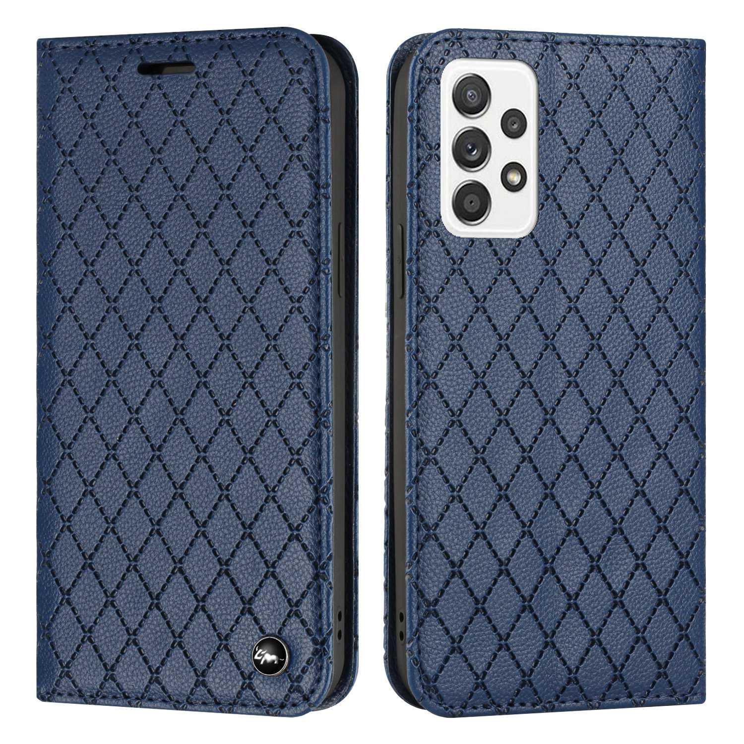 For Samsung Galaxy A52 4G / 5G / A52s 5G RFID Blocking Phone Case, Magnetic Auto-absorbed Litchi Texture PU Leather Bump Proof Rhombus Embossment Cellphone Cover with Stand Wallet