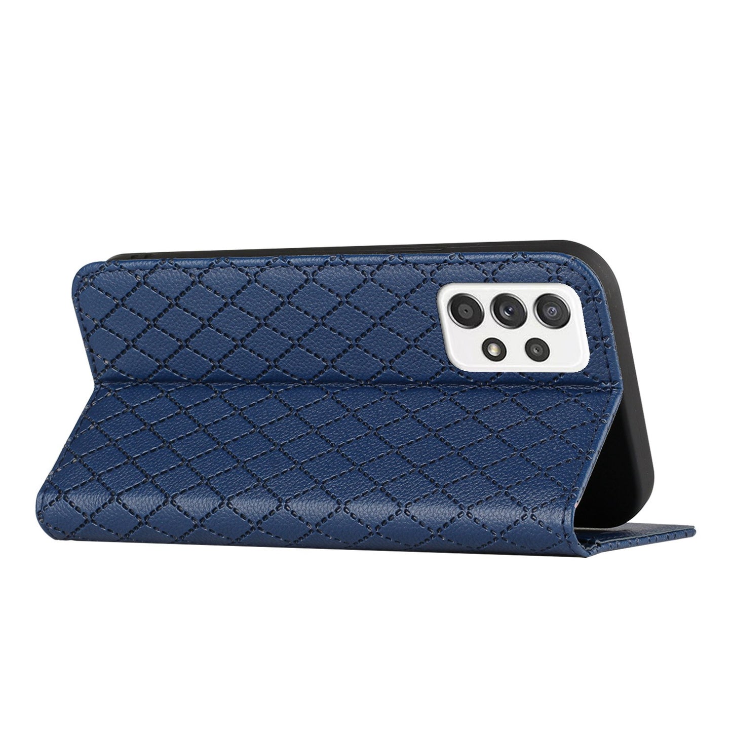 For Samsung Galaxy A52 4G / 5G / A52s 5G RFID Blocking Phone Case, Magnetic Auto-absorbed Litchi Texture PU Leather Bump Proof Rhombus Embossment Cellphone Cover with Stand Wallet