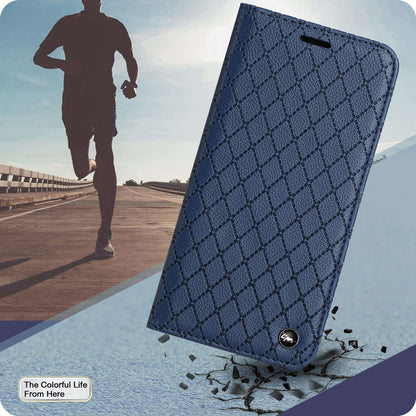 For Samsung Galaxy A52 4G / 5G / A52s 5G RFID Blocking Phone Case, Magnetic Auto-absorbed Litchi Texture PU Leather Bump Proof Rhombus Embossment Cellphone Cover with Stand Wallet