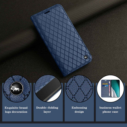 For Samsung Galaxy A52 4G / 5G / A52s 5G RFID Blocking Phone Case, Magnetic Auto-absorbed Litchi Texture PU Leather Bump Proof Rhombus Embossment Cellphone Cover with Stand Wallet