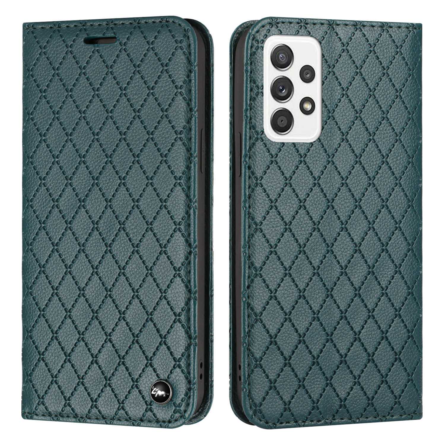 For Samsung Galaxy A52 4G / 5G / A52s 5G RFID Blocking Phone Case, Magnetic Auto-absorbed Litchi Texture PU Leather Bump Proof Rhombus Embossment Cellphone Cover with Stand Wallet