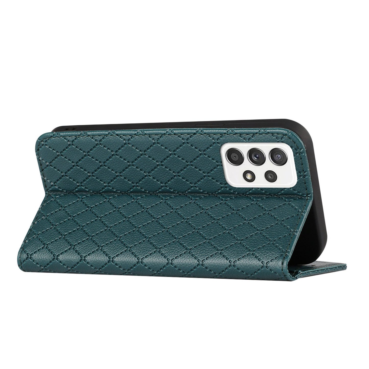 For Samsung Galaxy A52 4G / 5G / A52s 5G RFID Blocking Phone Case, Magnetic Auto-absorbed Litchi Texture PU Leather Bump Proof Rhombus Embossment Cellphone Cover with Stand Wallet