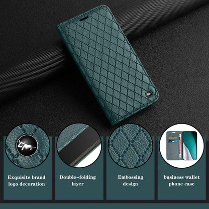 For Samsung Galaxy A52 4G / 5G / A52s 5G RFID Blocking Phone Case, Magnetic Auto-absorbed Litchi Texture PU Leather Bump Proof Rhombus Embossment Cellphone Cover with Stand Wallet