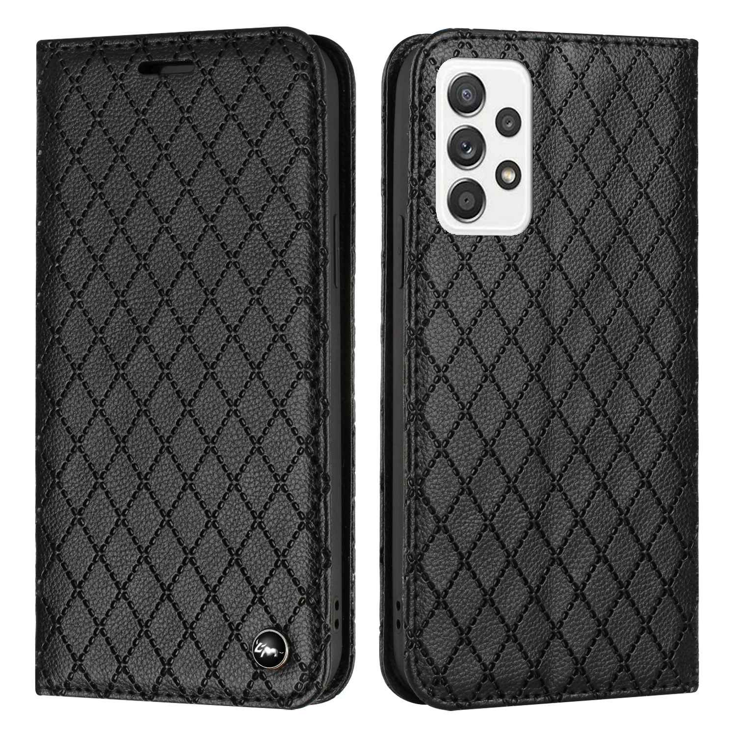 For Samsung Galaxy A52 4G / 5G / A52s 5G RFID Blocking Phone Case, Magnetic Auto-absorbed Litchi Texture PU Leather Bump Proof Rhombus Embossment Cellphone Cover with Stand Wallet