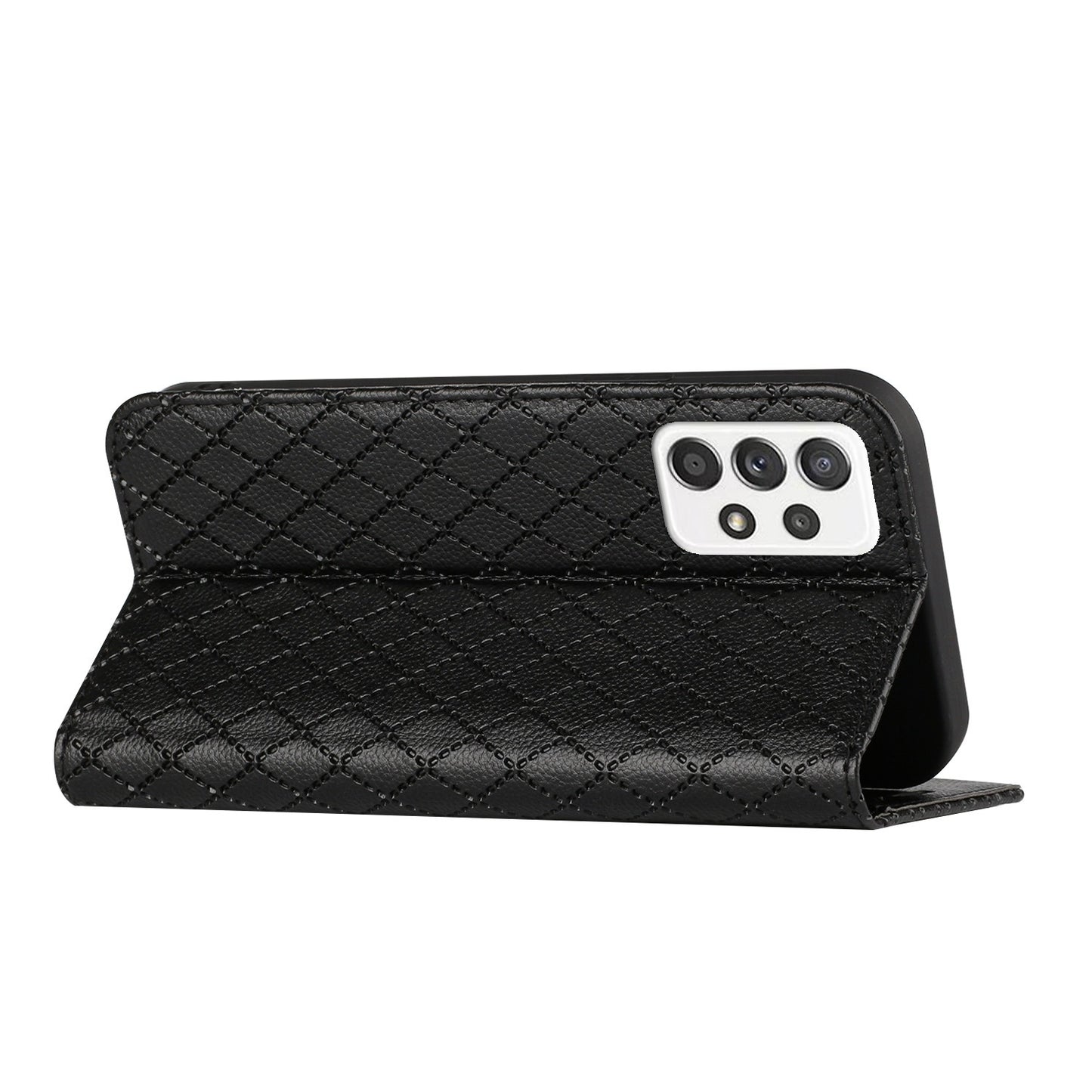 For Samsung Galaxy A52 4G / 5G / A52s 5G RFID Blocking Phone Case, Magnetic Auto-absorbed Litchi Texture PU Leather Bump Proof Rhombus Embossment Cellphone Cover with Stand Wallet
