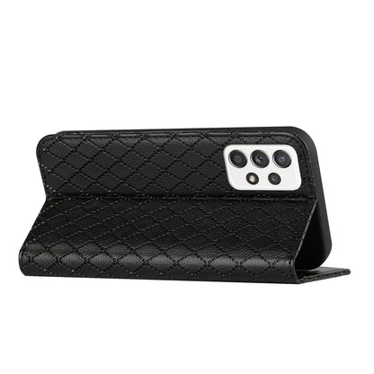 For Samsung Galaxy A52 4G / 5G / A52s 5G RFID Blocking Phone Case, Magnetic Auto-absorbed Litchi Texture PU Leather Bump Proof Rhombus Embossment Cellphone Cover with Stand Wallet