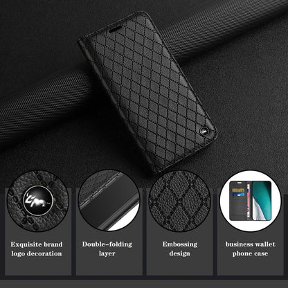 For Samsung Galaxy A52 4G / 5G / A52s 5G RFID Blocking Phone Case, Magnetic Auto-absorbed Litchi Texture PU Leather Bump Proof Rhombus Embossment Cellphone Cover with Stand Wallet