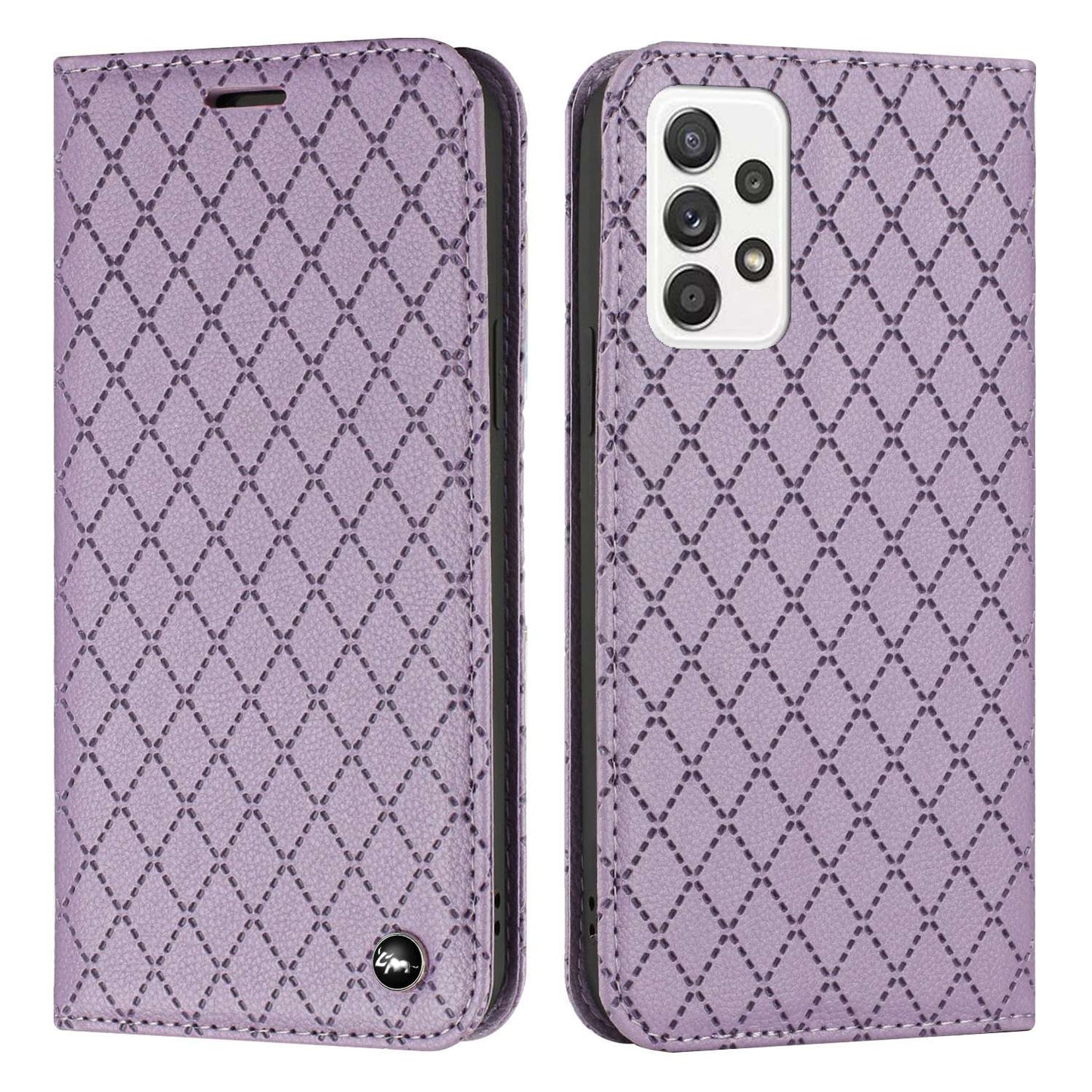 For Samsung Galaxy A52 4G / 5G / A52s 5G RFID Blocking Phone Case, Magnetic Auto-absorbed Litchi Texture PU Leather Bump Proof Rhombus Embossment Cellphone Cover with Stand Wallet