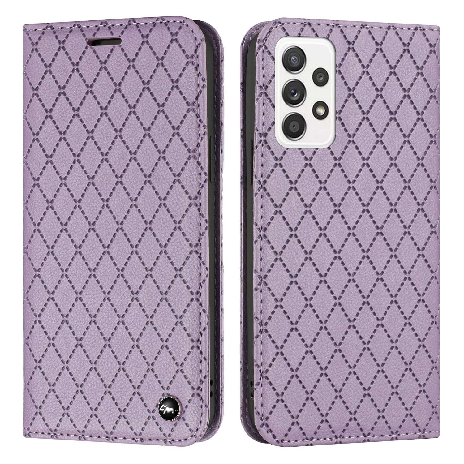For Samsung Galaxy A52 4G / 5G / A52s 5G RFID Blocking Phone Case, Magnetic Auto-absorbed Litchi Texture PU Leather Bump Proof Rhombus Embossment Cellphone Cover with Stand Wallet