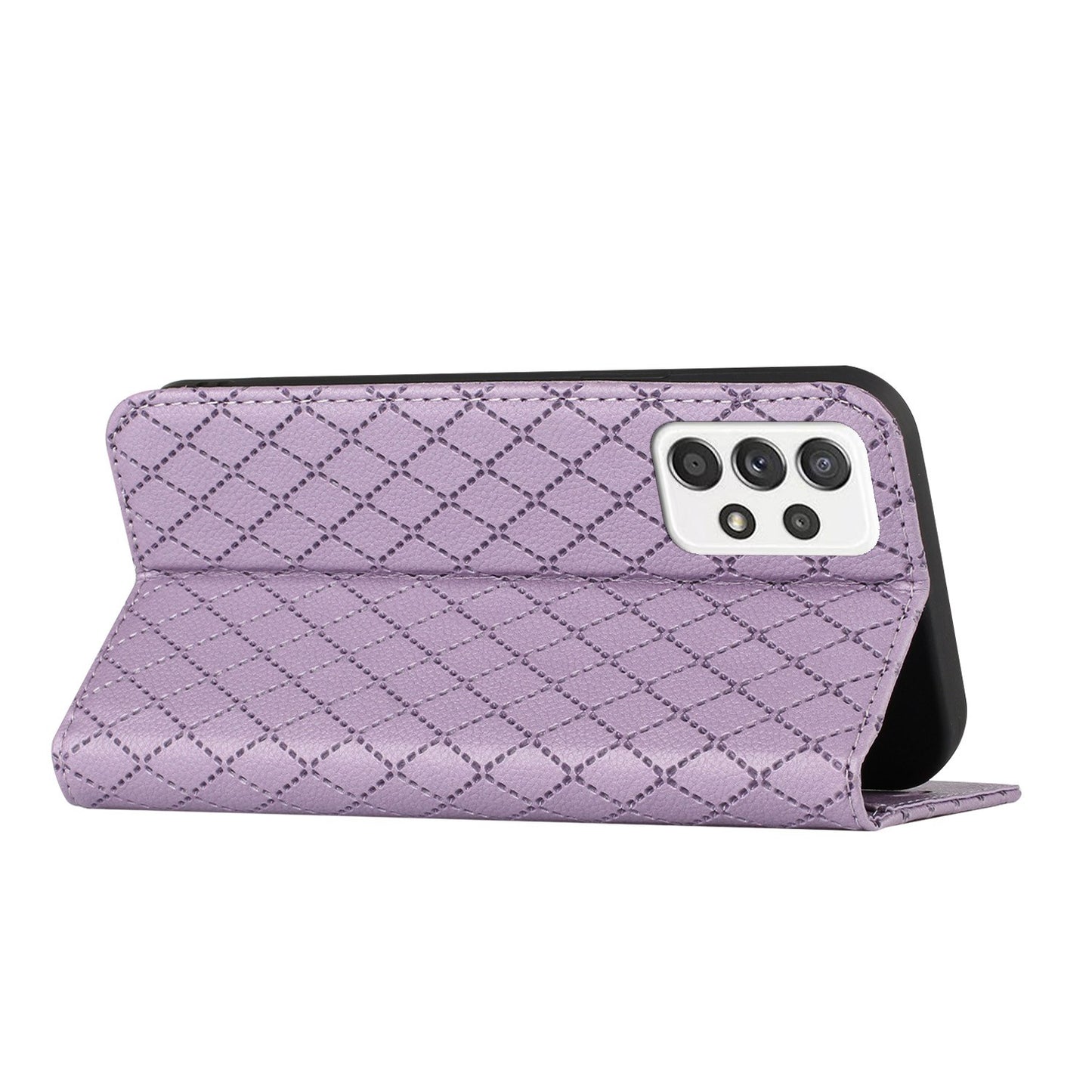 For Samsung Galaxy A52 4G / 5G / A52s 5G RFID Blocking Phone Case, Magnetic Auto-absorbed Litchi Texture PU Leather Bump Proof Rhombus Embossment Cellphone Cover with Stand Wallet
