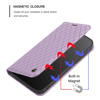 For Samsung Galaxy A52 4G / 5G / A52s 5G RFID Blocking Phone Case, Magnetic Auto-absorbed Litchi Texture PU Leather Bump Proof Rhombus Embossment Cellphone Cover with Stand Wallet