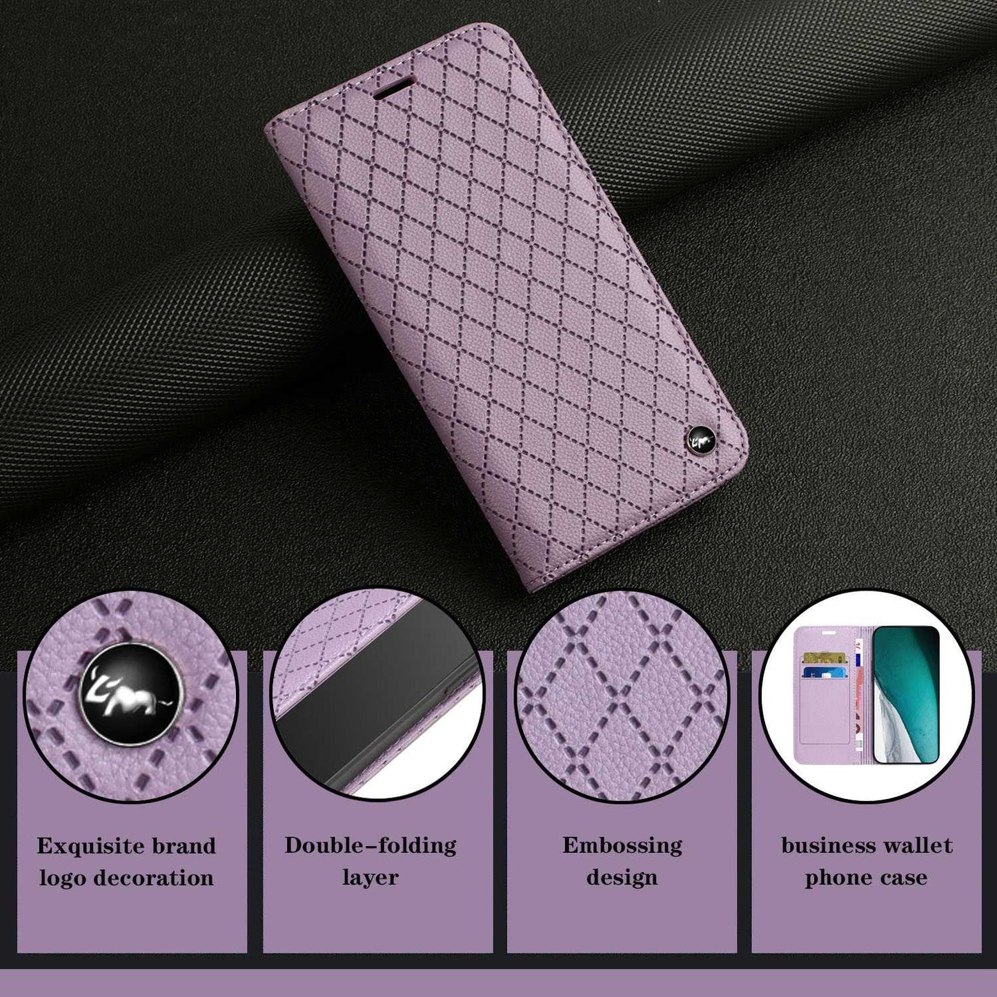 For Samsung Galaxy A52 4G / 5G / A52s 5G RFID Blocking Phone Case, Magnetic Auto-absorbed Litchi Texture PU Leather Bump Proof Rhombus Embossment Cellphone Cover with Stand Wallet
