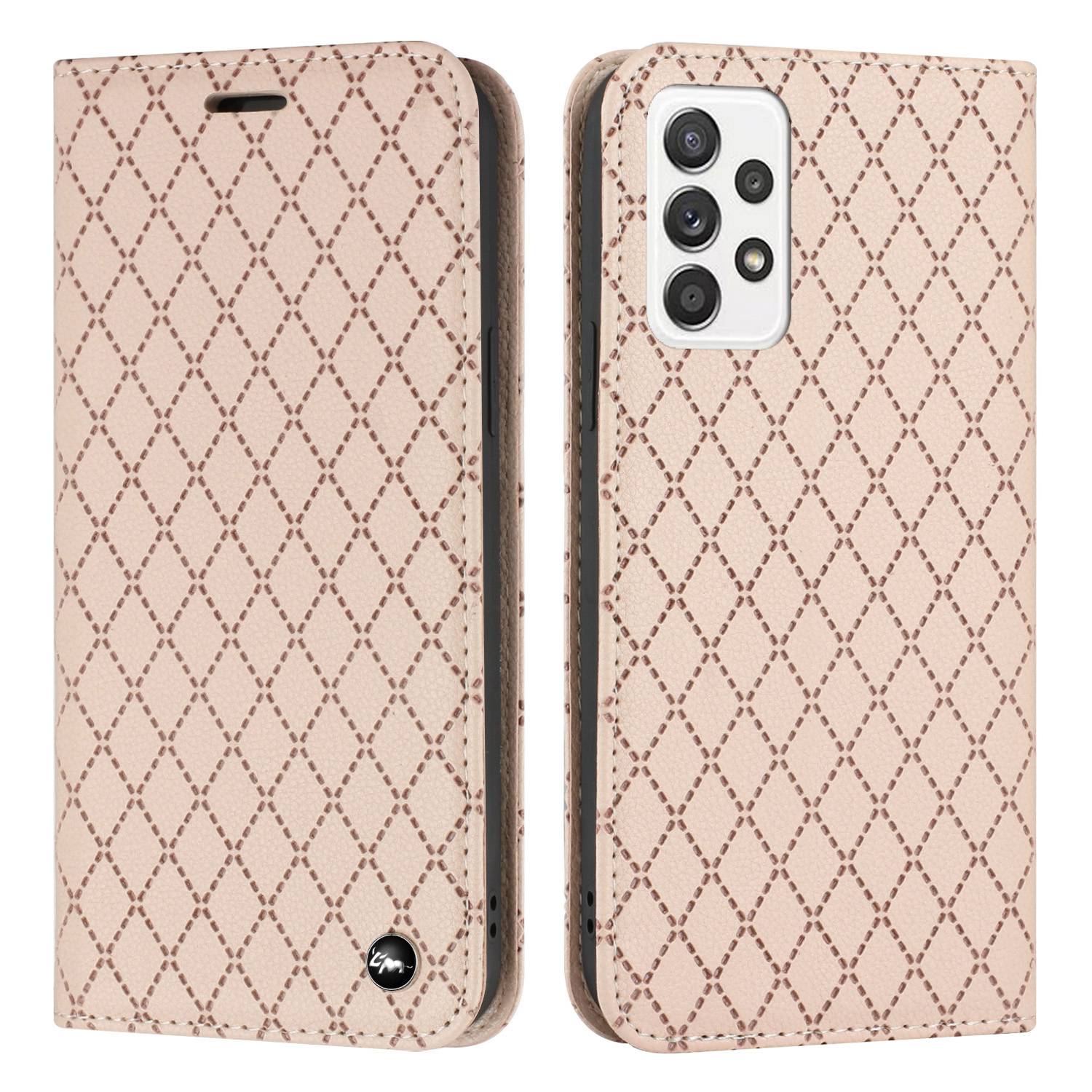 For Samsung Galaxy A52 4G / 5G / A52s 5G RFID Blocking Phone Case, Magnetic Auto-absorbed Litchi Texture PU Leather Bump Proof Rhombus Embossment Cellphone Cover with Stand Wallet