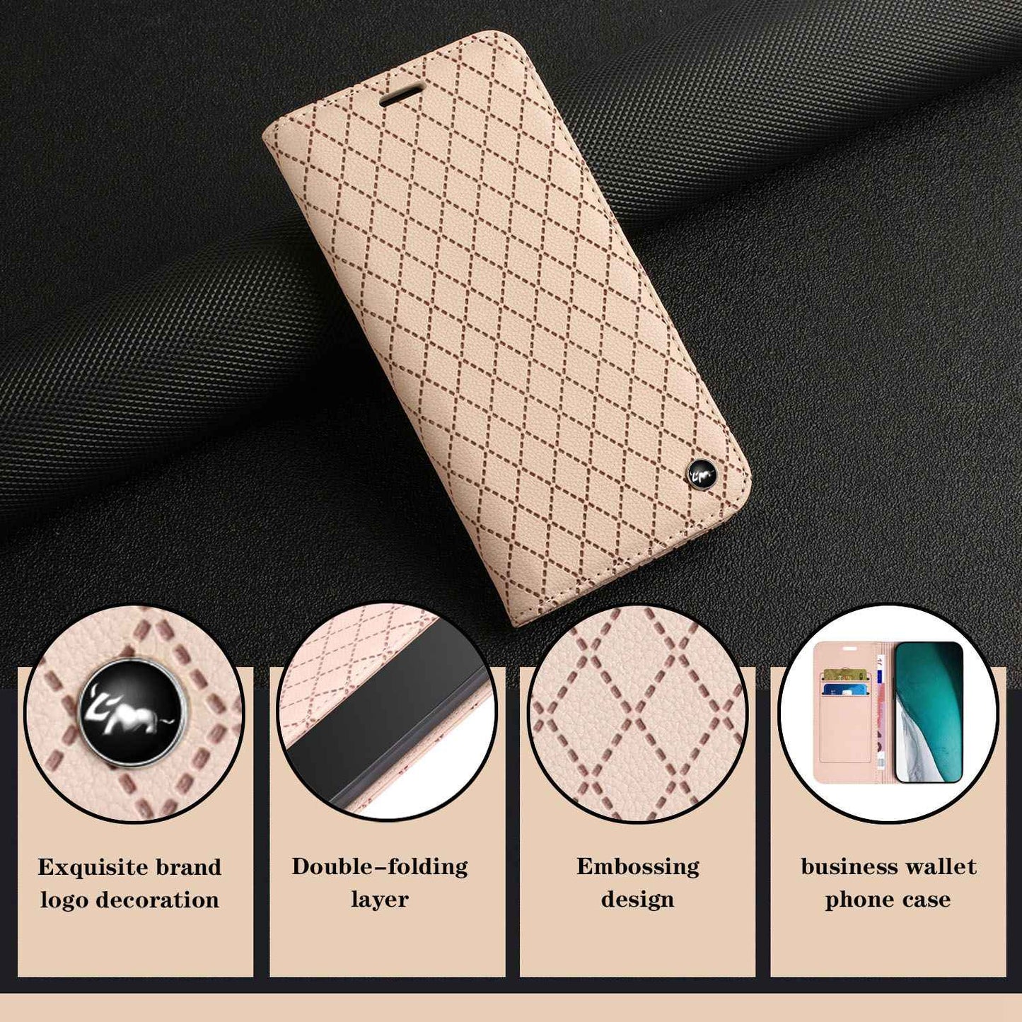 For Samsung Galaxy A52 4G / 5G / A52s 5G RFID Blocking Phone Case, Magnetic Auto-absorbed Litchi Texture PU Leather Bump Proof Rhombus Embossment Cellphone Cover with Stand Wallet