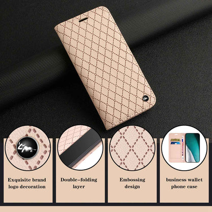 For Samsung Galaxy A52 4G / 5G / A52s 5G RFID Blocking Phone Case, Magnetic Auto-absorbed Litchi Texture PU Leather Bump Proof Rhombus Embossment Cellphone Cover with Stand Wallet