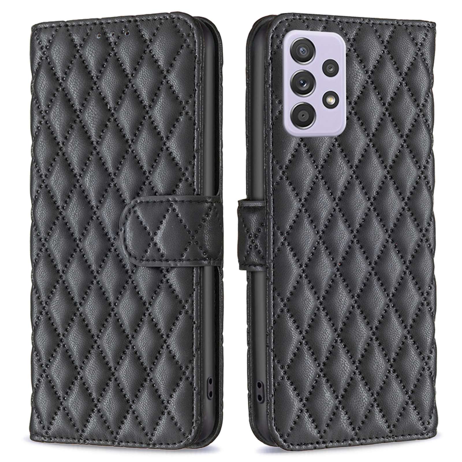 BINFEN COLOR For Samsung Galaxy A52 4G / 5G / A52s 5G PU Leather Shell, BF Style-14 Imprinted Rhombus Pattern Wallet Cover Matte Phone Stand Case