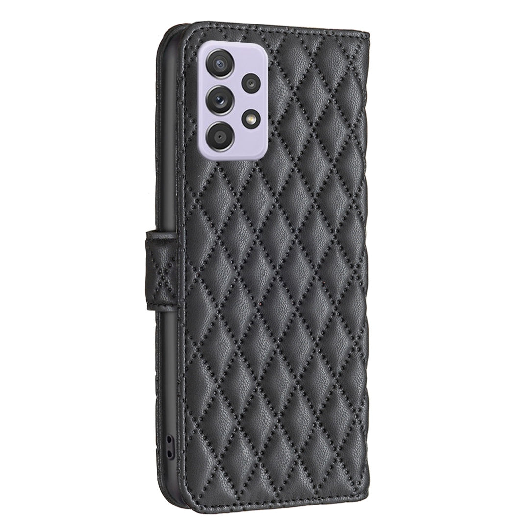 BINFEN COLOR For Samsung Galaxy A52 4G / 5G / A52s 5G PU Leather Shell, BF Style-14 Imprinted Rhombus Pattern Wallet Cover Matte Phone Stand Case